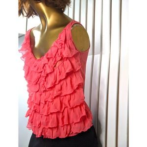 Zara Woman Ruffled Front Pink Sheer 100% Silk Sleeveless Round Hem Size Small